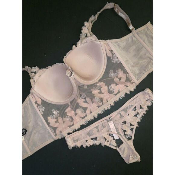 Victoria's Secret longline 36C BRA SET+BRALETTE+ROBE dusty pink taupe APPLIQUE - Picture 10 of 11